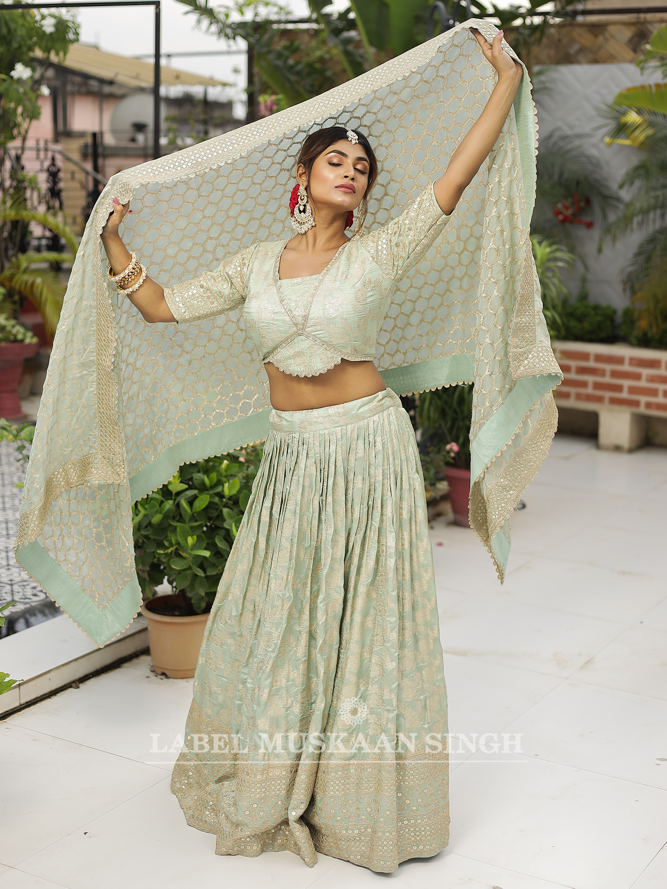 Dusty Green Dola Silk Lehenga