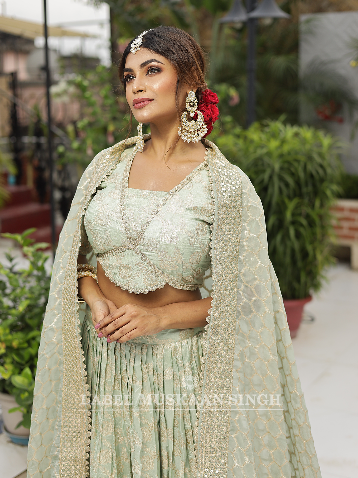 Dusty Green Dola Silk Lehenga