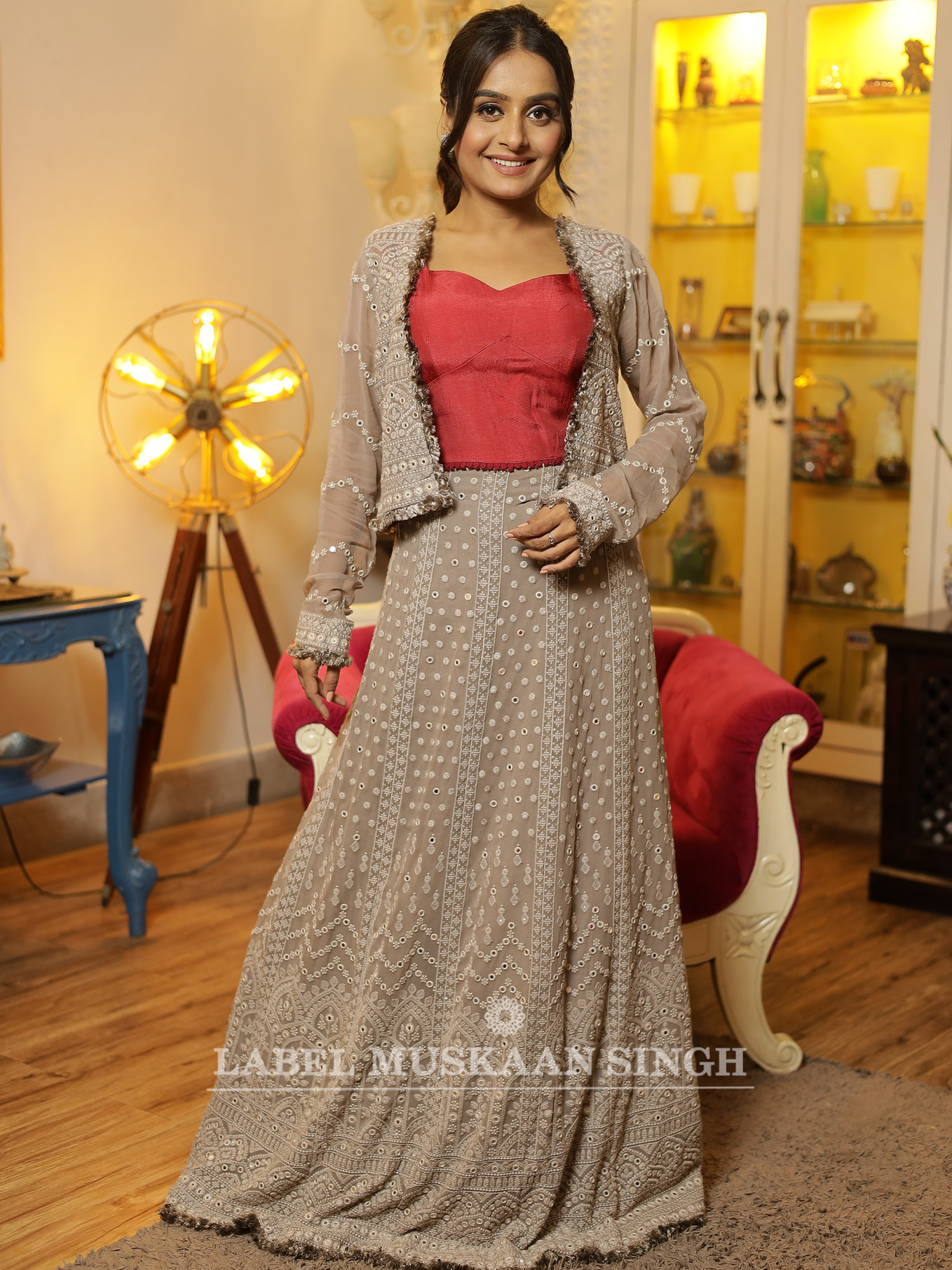 Grey Chikankari Lehenga with crop Jacket
