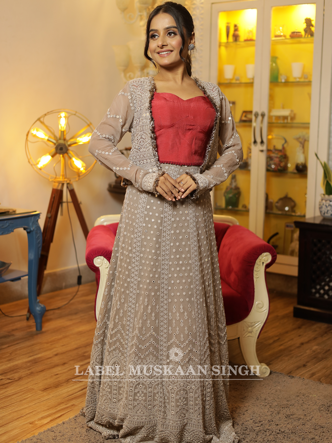 Grey Chikankari Lehenga with crop Jacket