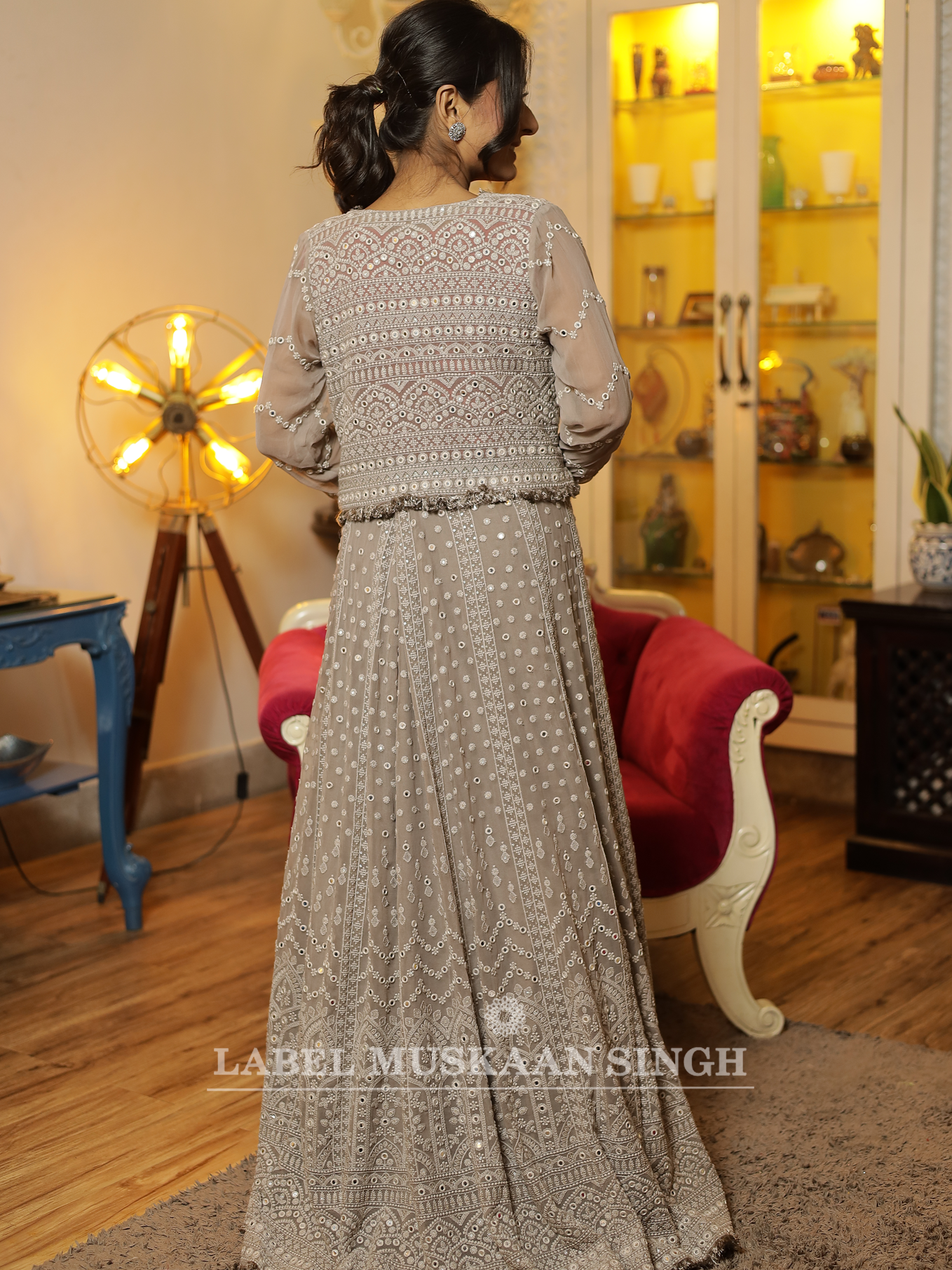 Grey Chikankari Lehenga with crop Jacket