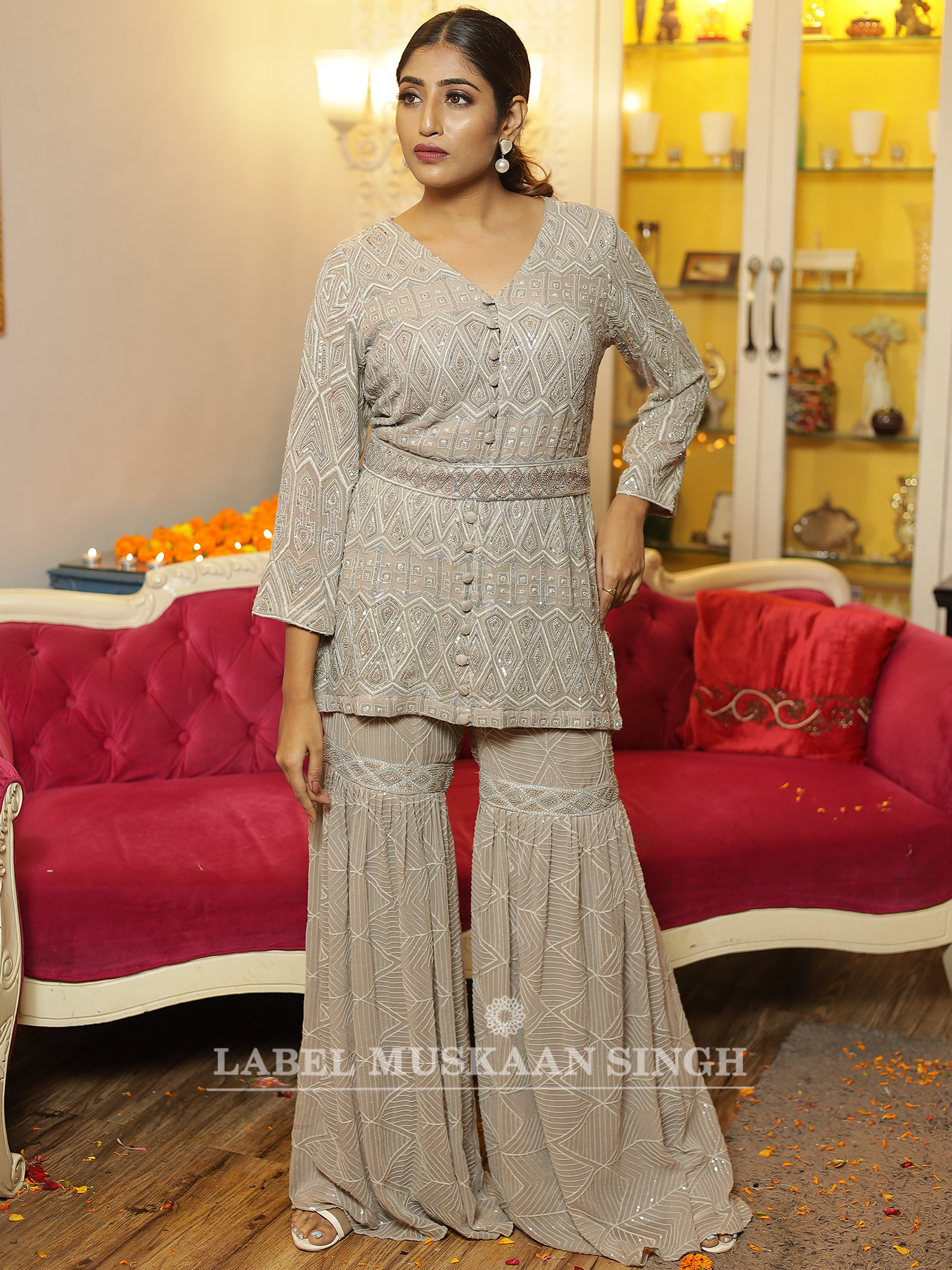 Grey Embroidered Sharara Set