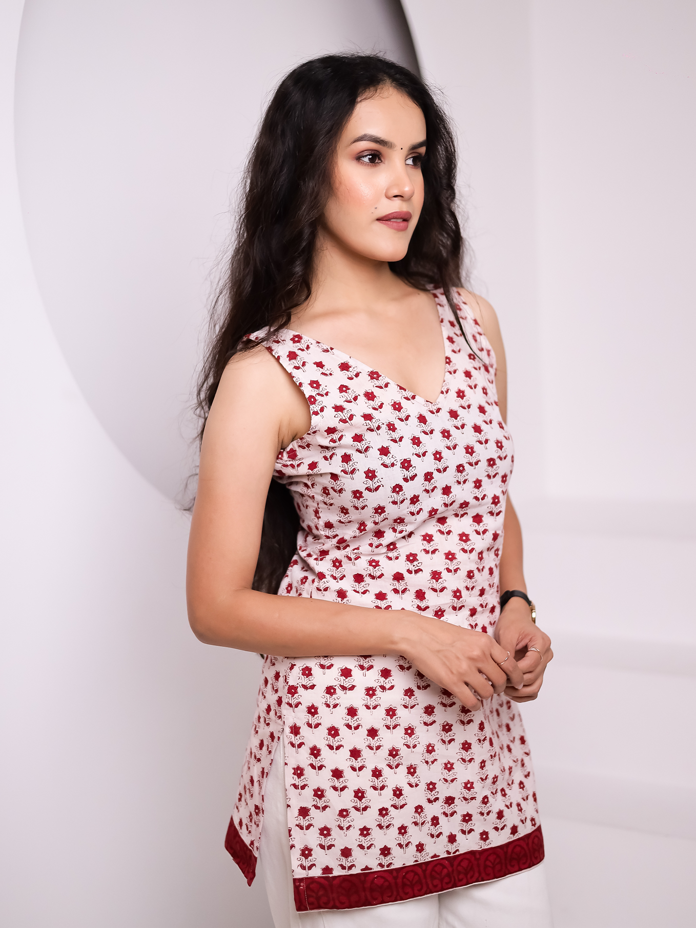 Nazaqat White & Red Printed Short Kurti