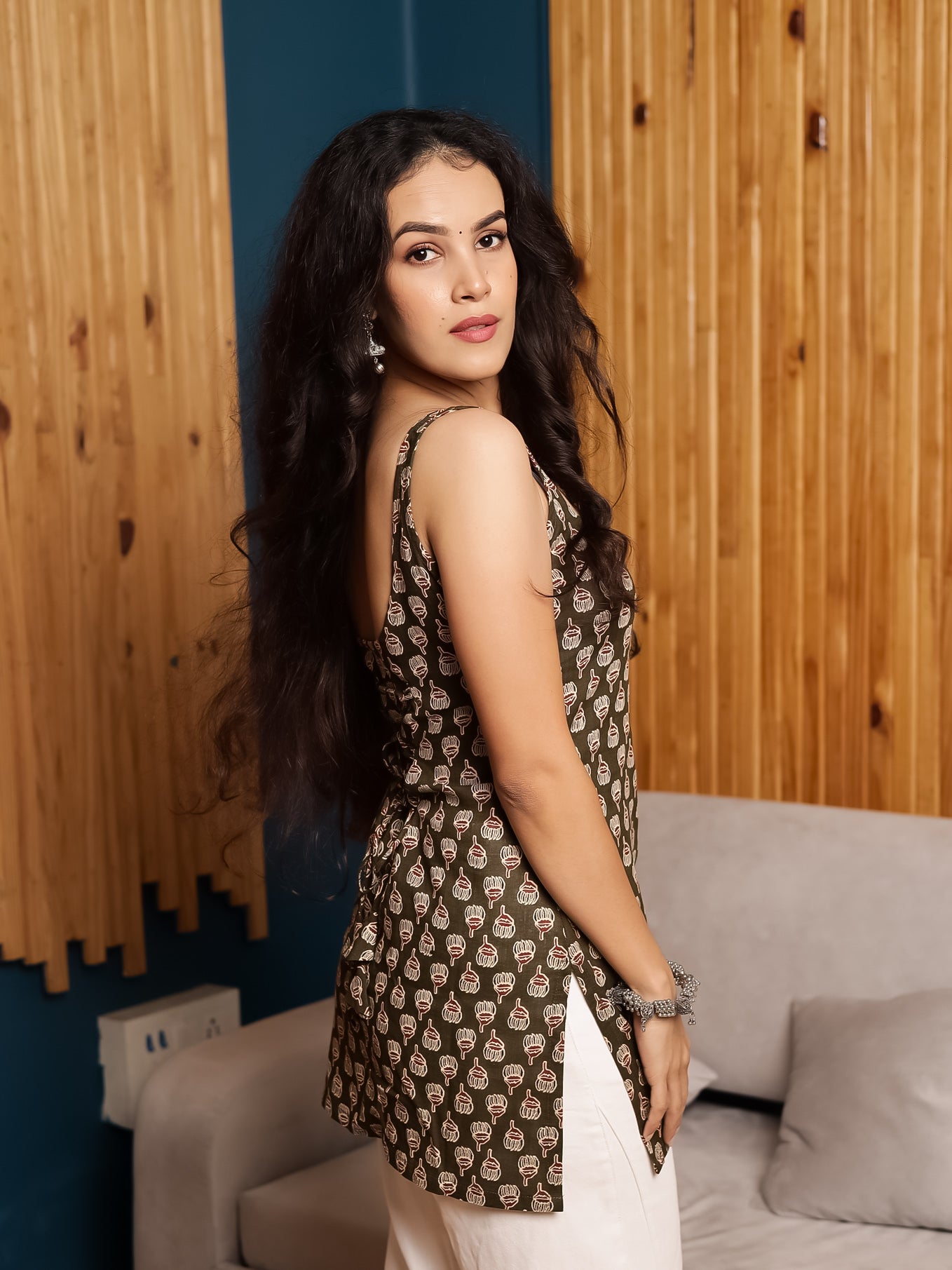 Nayab Olive Green Block Print Short Kurti
