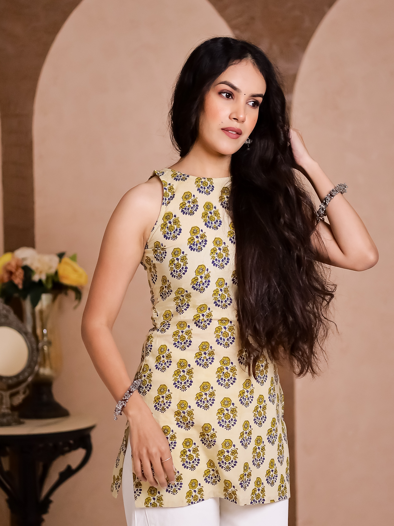 Zehra Mustard Hand Block Halter Neck Short Kurti