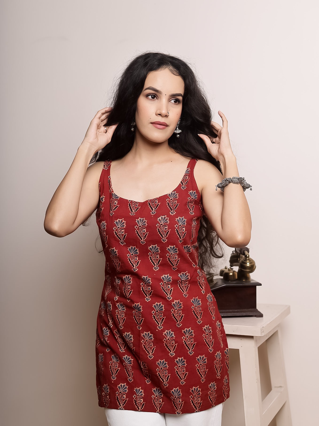 Gulnaar Maroon Ajrak Print Short Kurti