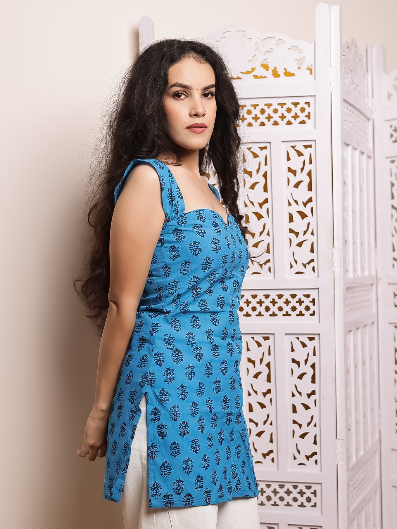 Aabroo Blue Hand Block Printed Short Kurti