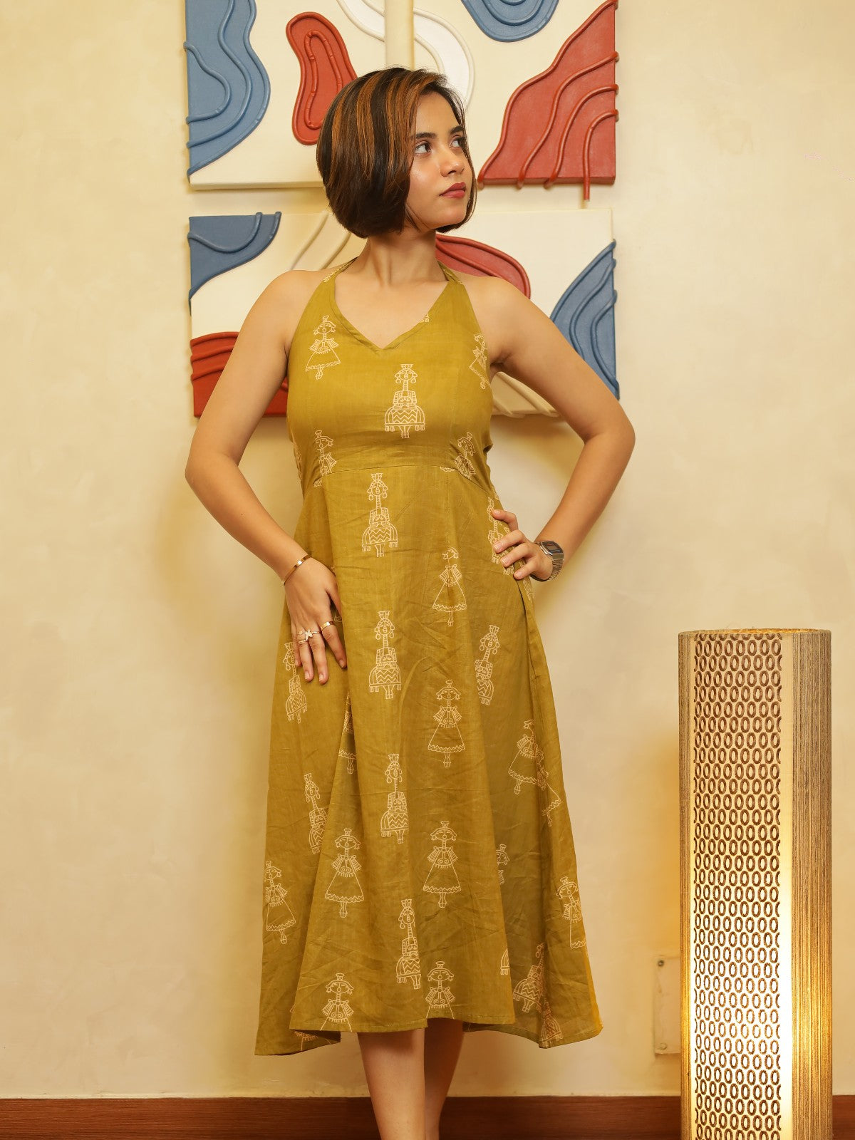 Nazm Olive Green Halter Neck Midi Dress