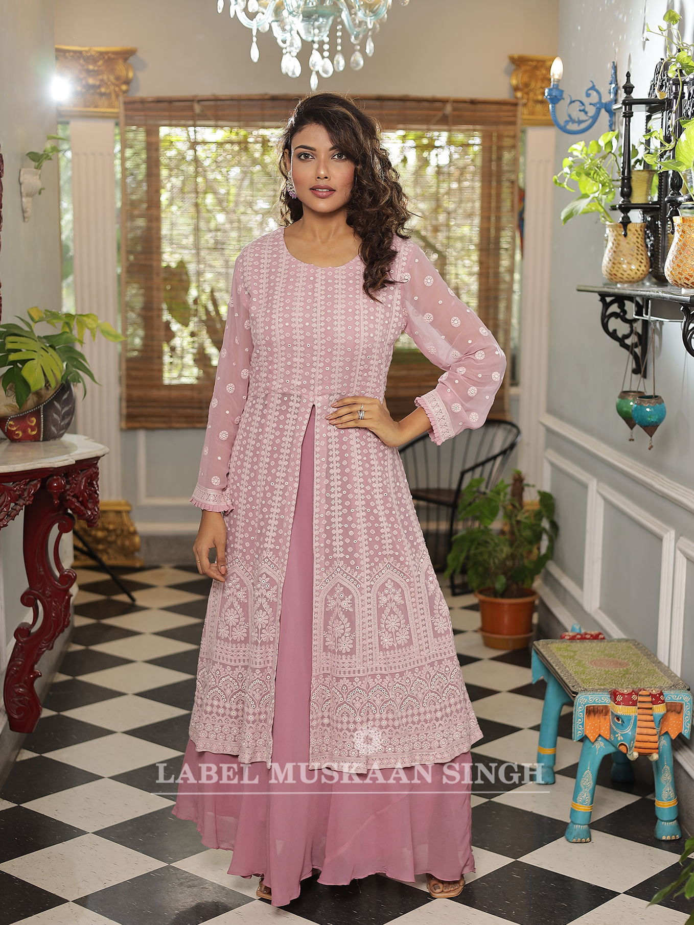 Pink Chikankari Front Slit Gown