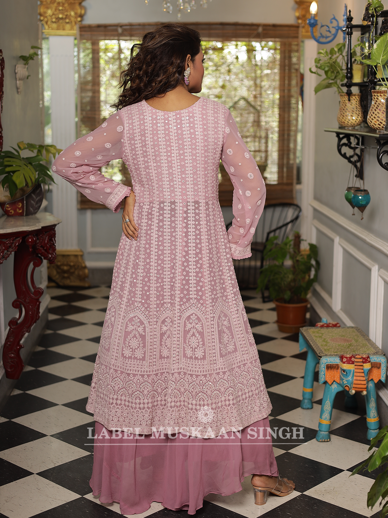 Pink Chikankari Front Slit Gown