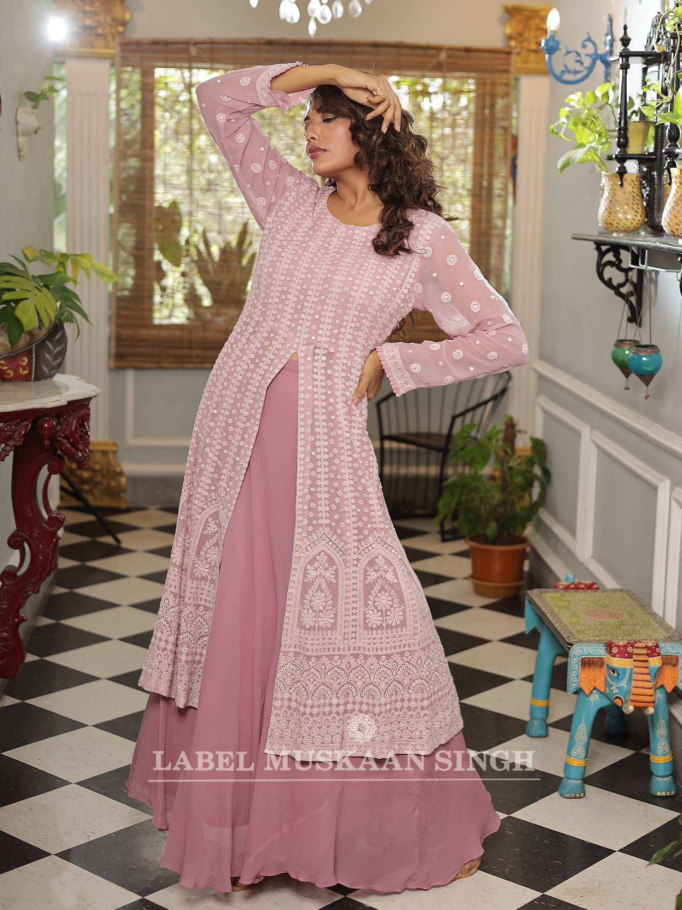 Pink Chikankari Front Slit Gown