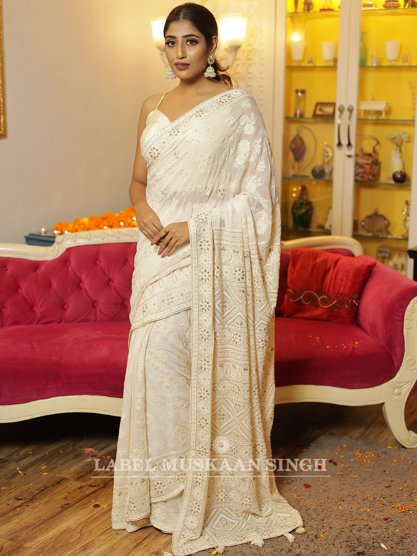 White Gotta Patti Chikankari Saree