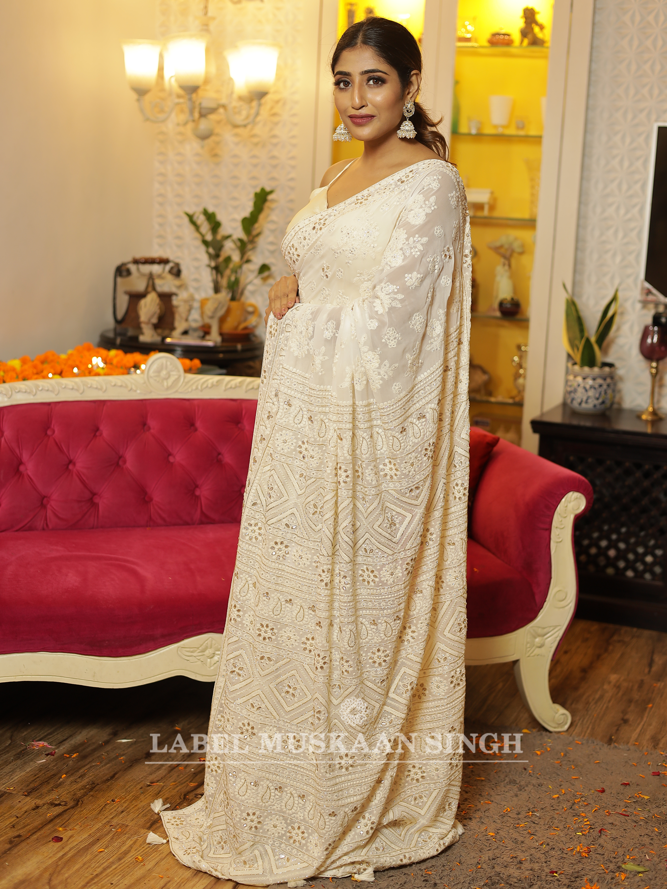 White Gotta Patti Chikankari Saree
