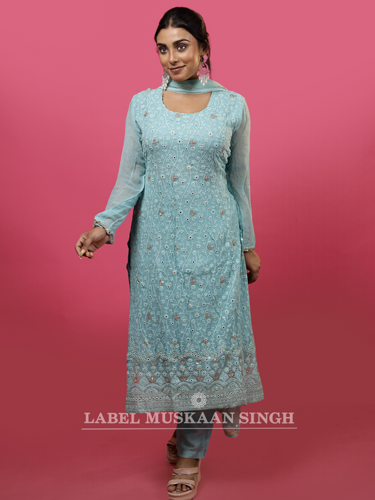 Blue Hand Embroidered Kurta set