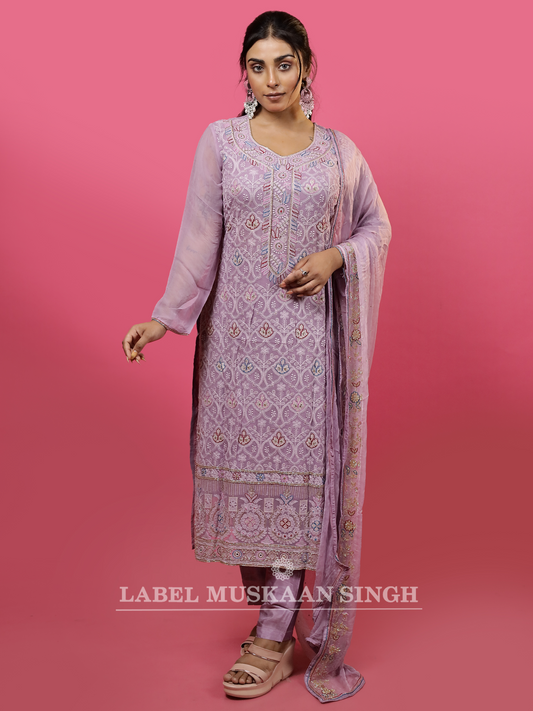 Lavender Hand Embroidered Kurta set