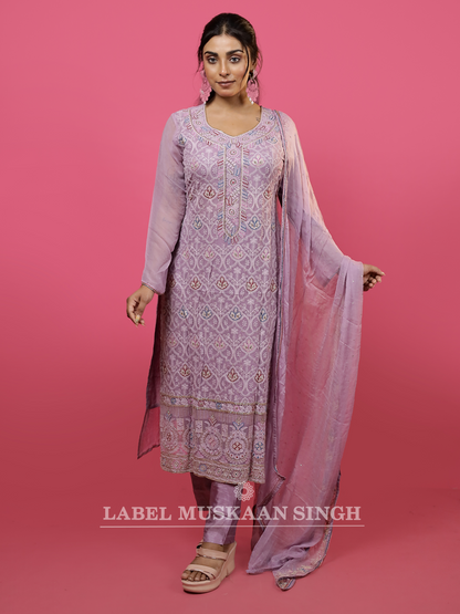 Lavender Hand Embroidered Kurta set