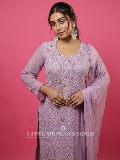 Lavender Hand Embroidered Kurta set