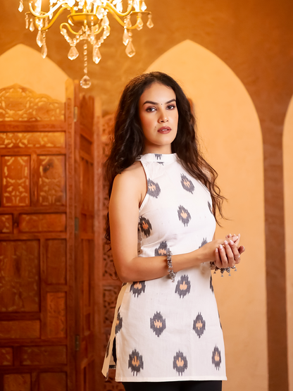 Tara White Ikat Halter Neck Short Kurti