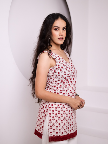 Nazaqat White & Red Printed Short Kurti