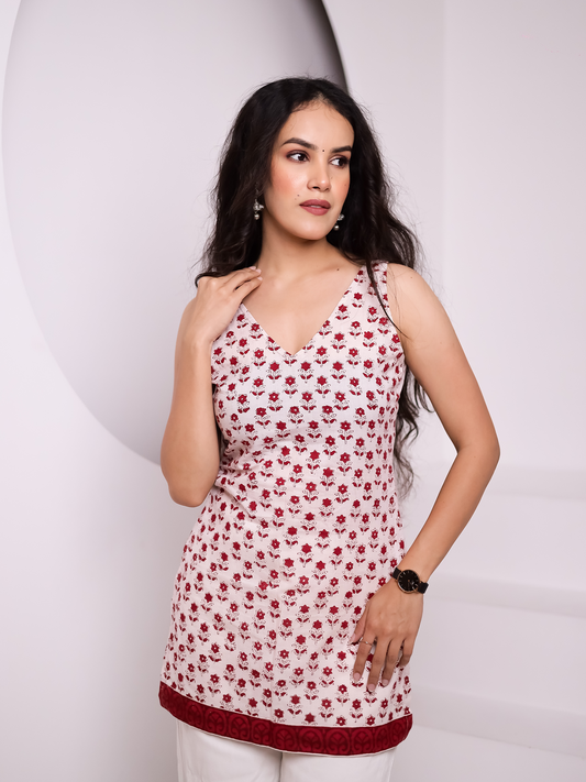 Nazaqat White & Red Printed Short Kurti