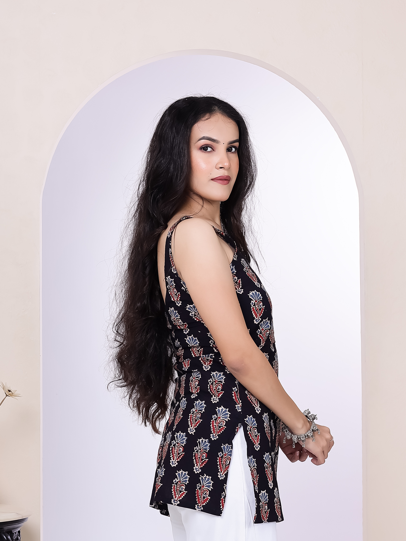 Gulnaar Black Ajrak Print Short Kurti