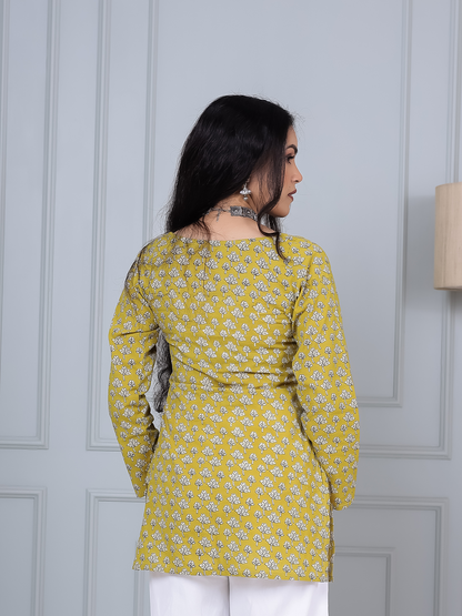 Sunehri Yellow Printed Short Kurti