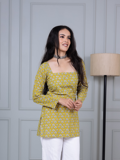 Sunehri Yellow Printed Short Kurti