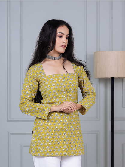 Sunehri Yellow Printed Short Kurti