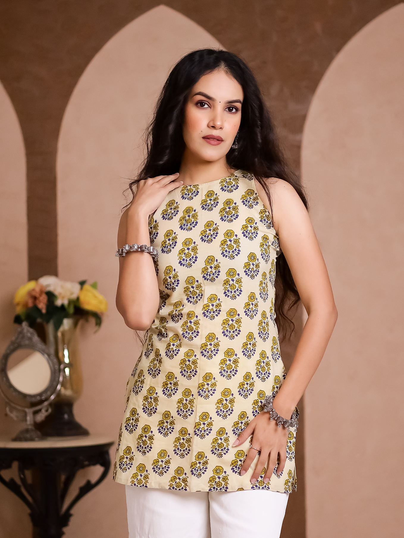 Zehra Mustard Hand Block Halter Neck Short Kurti