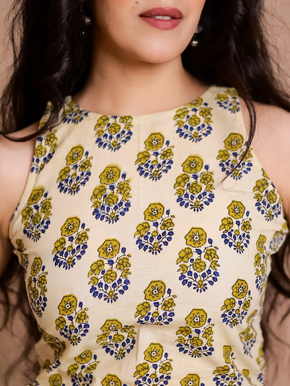 Zehra Mustard Hand Block Halter Neck Short Kurti