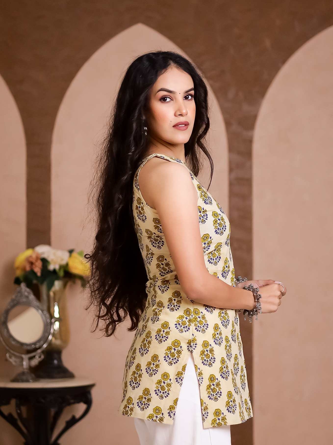 Zehra Mustard Hand Block Halter Neck Short Kurti