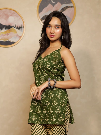 Zoya Olive Green Printed Halter Neck Kurti