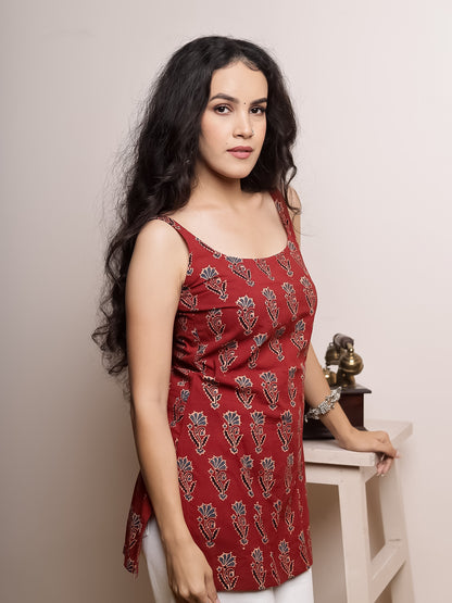 Gulnaar Maroon Ajrak Print Short Kurti