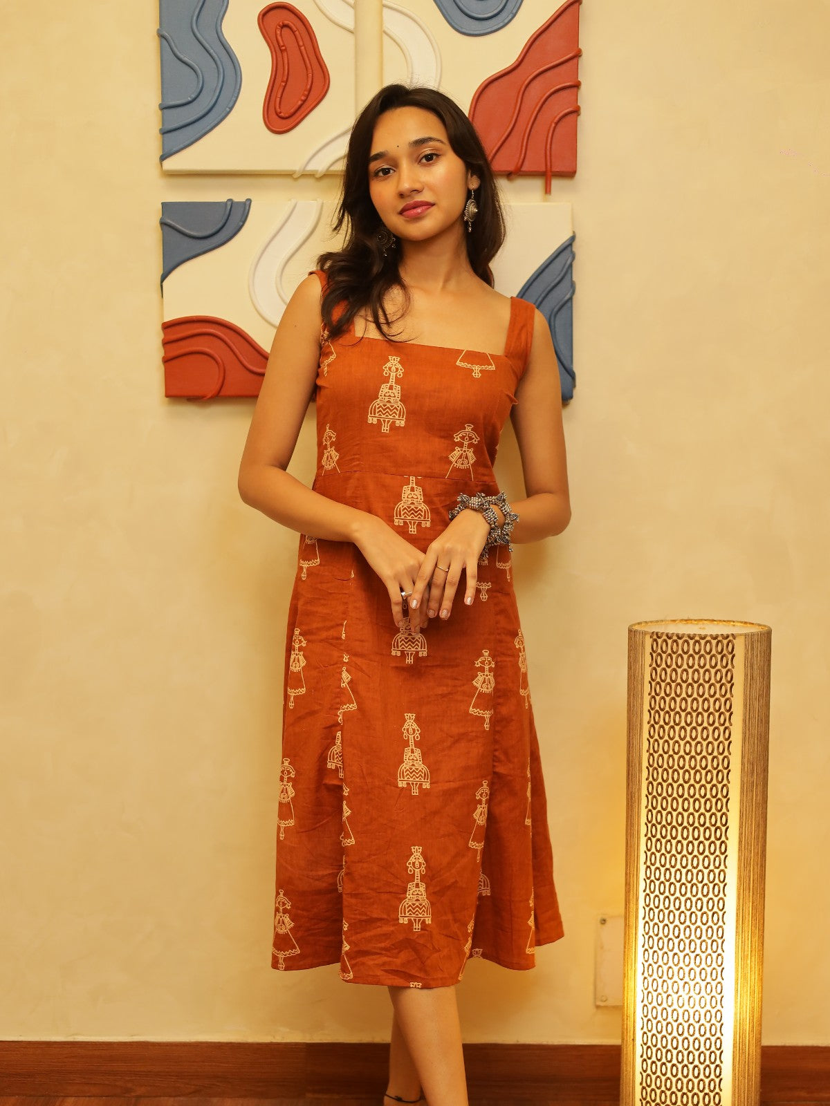 Adaa Rust Orange Printed Square Neck Midi Dress