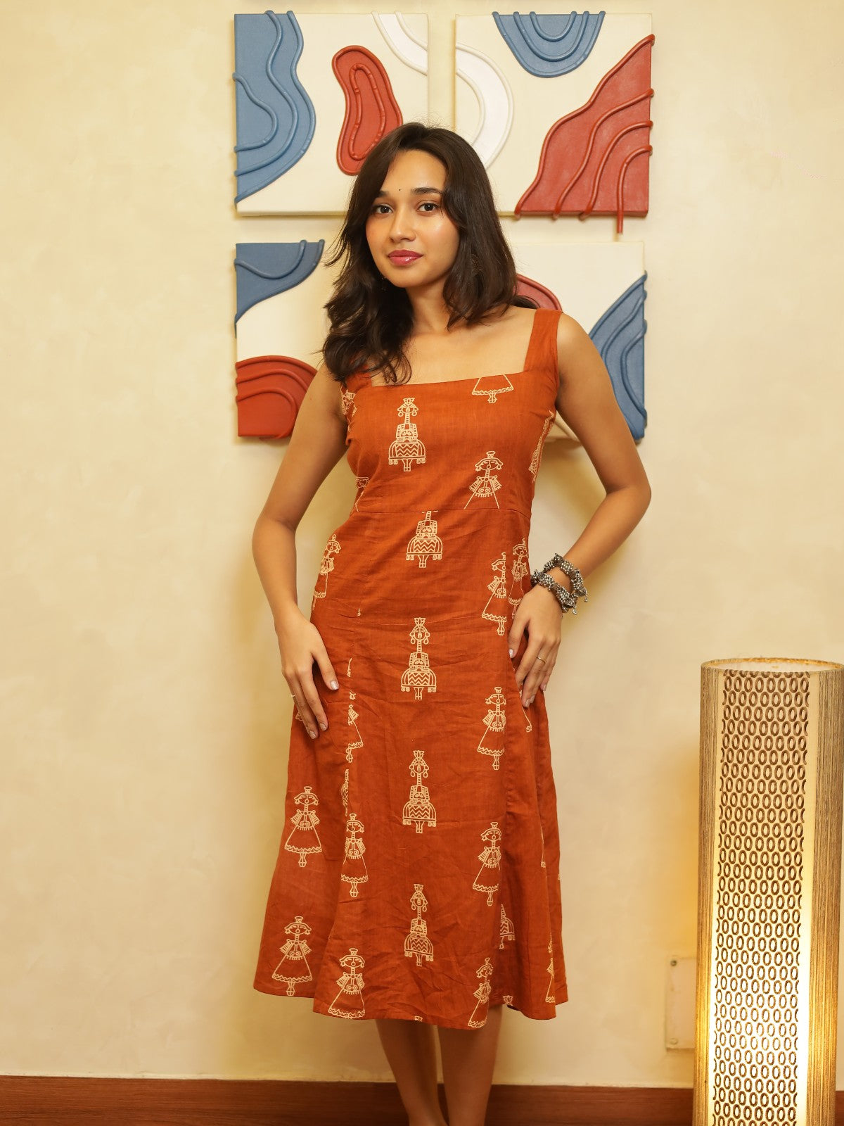 Adaa Rust Orange Printed Square Neck Midi Dress
