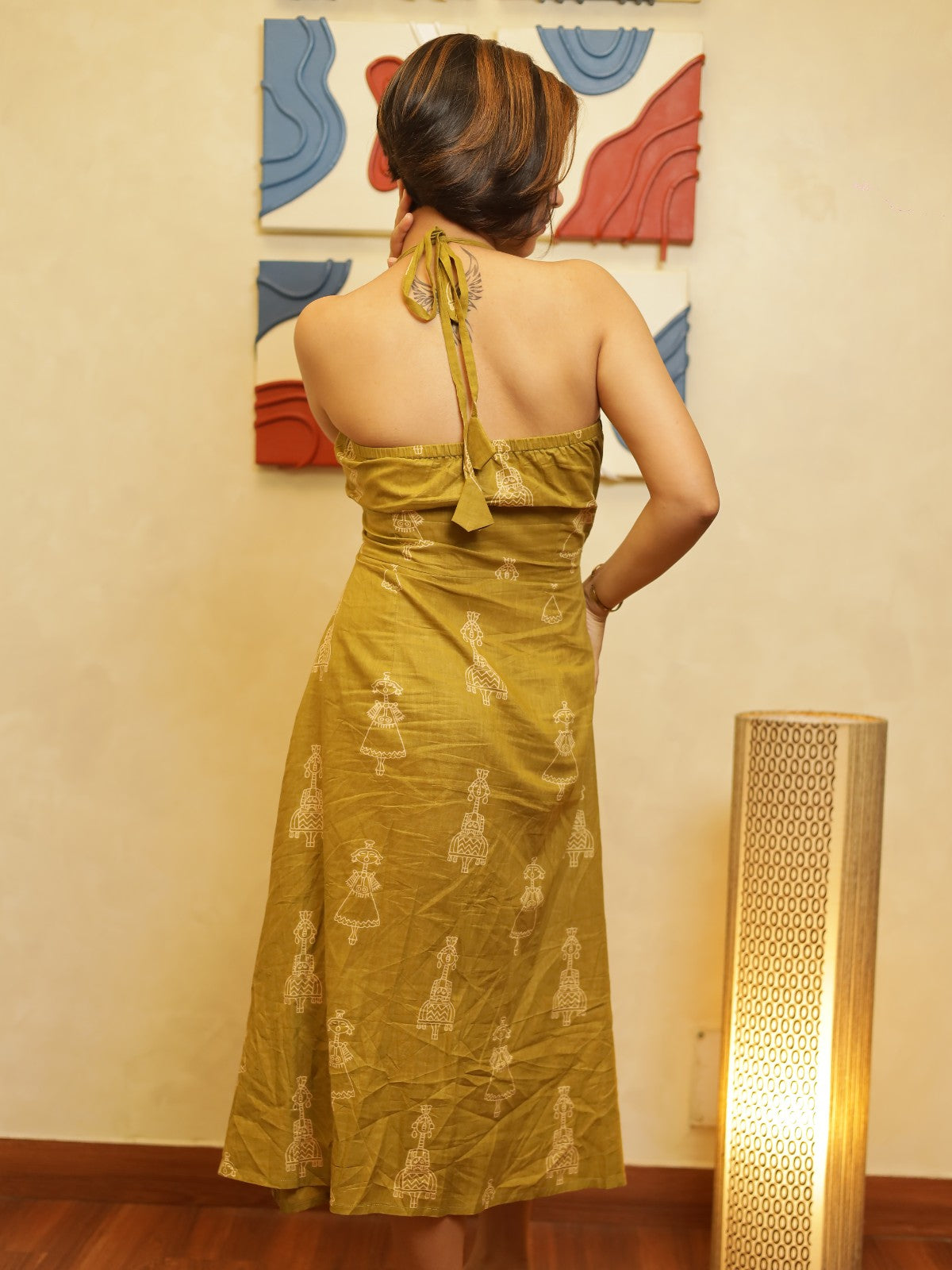 Nazm Olive Green Halter Neck Midi Dress