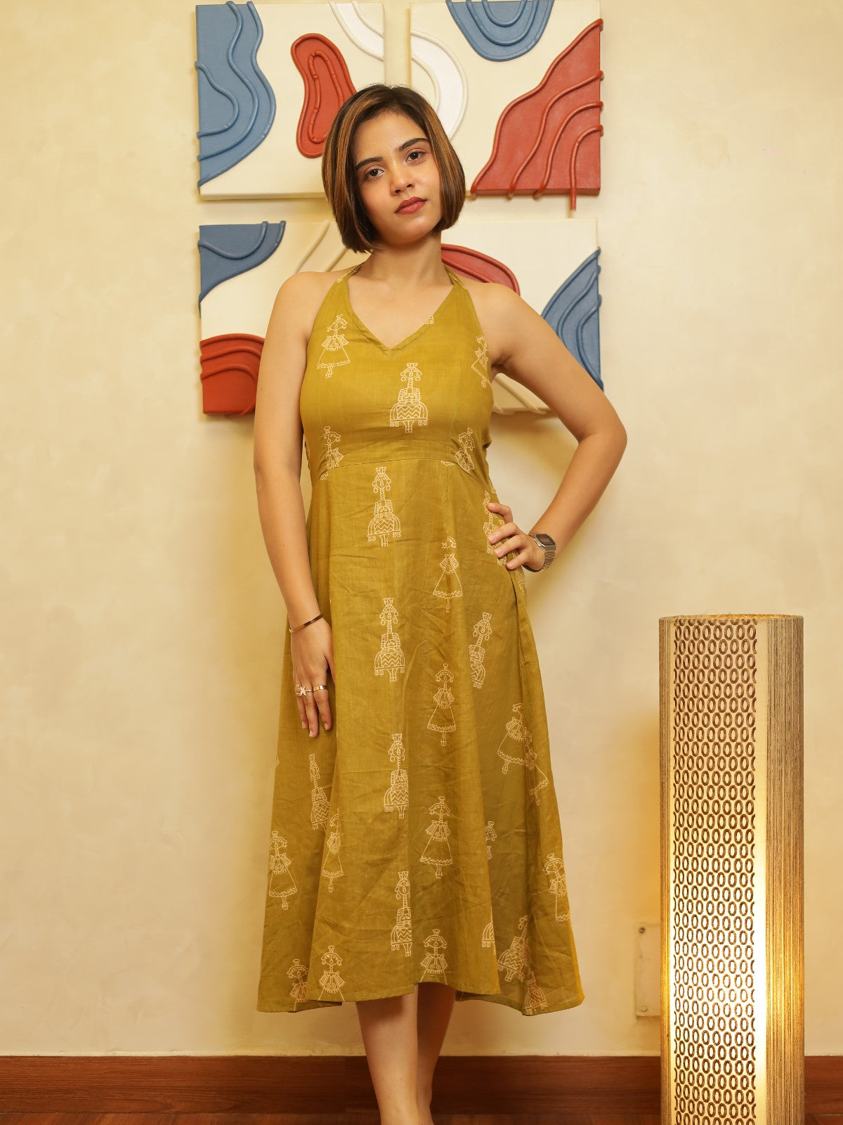 Nazm Olive Green Halter Neck Midi Dress