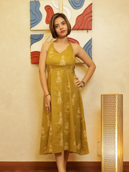 Nazm Olive Green Halter Neck Midi Dress