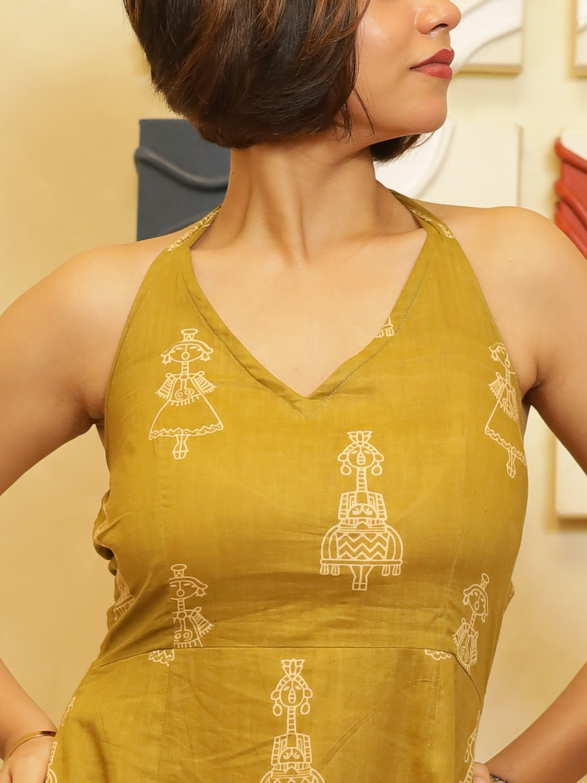 Nazm Olive Green Halter Neck Midi Dress