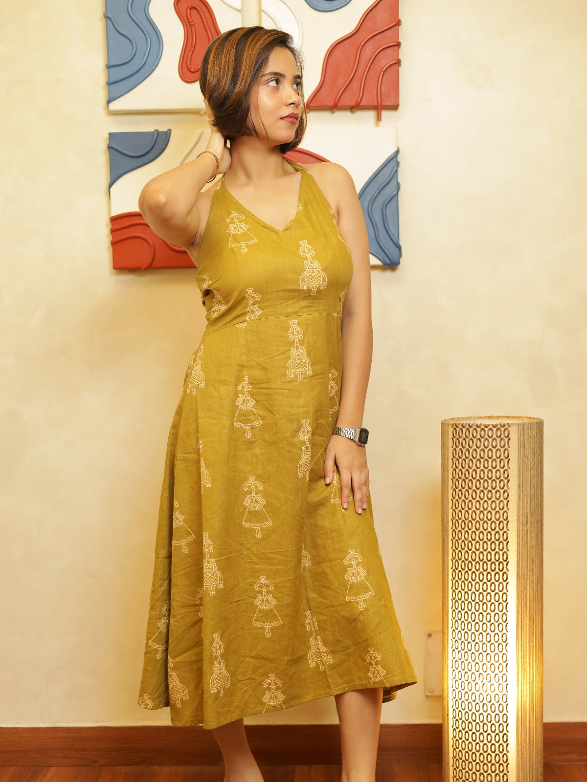 Nazm Olive Green Halter Neck Midi Dress