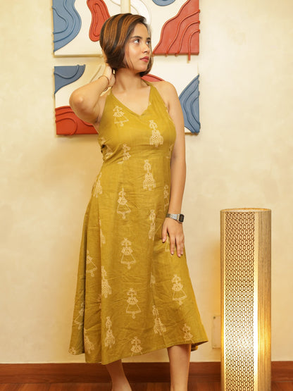 Nazm Olive Green Halter Neck Midi Dress