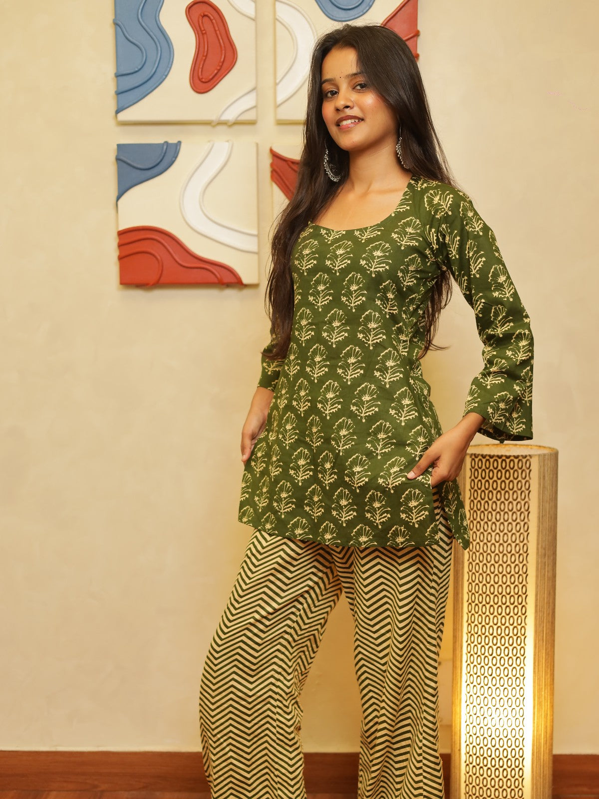 Ruhi Olive Green Printed Square Neck Set