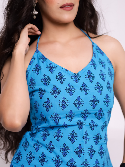 Aabroo Blue Hand Block Printed Top