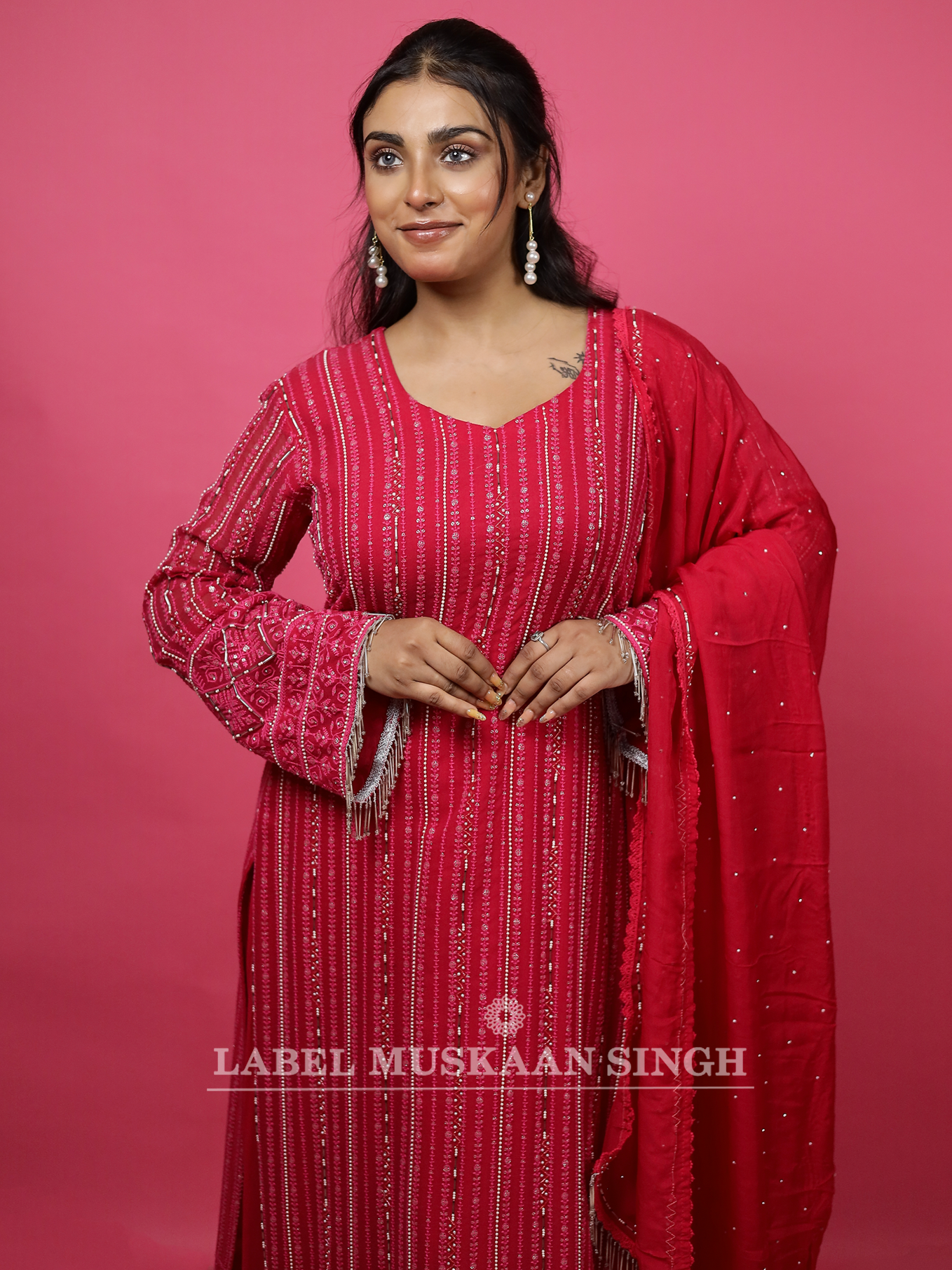 Rani Pink Hand Embroidered Kurta Set