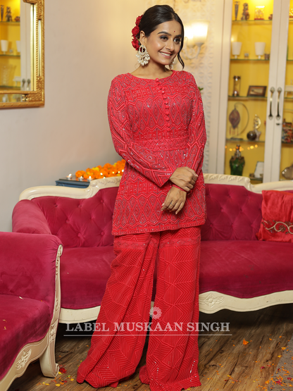 Red Hand Embroidered Sharara set