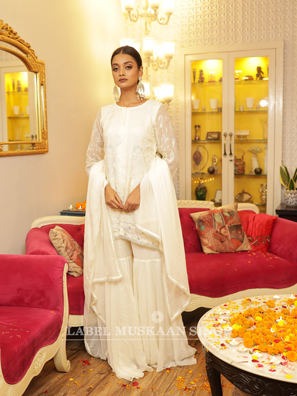 White Hand Embroidered Sharara Set